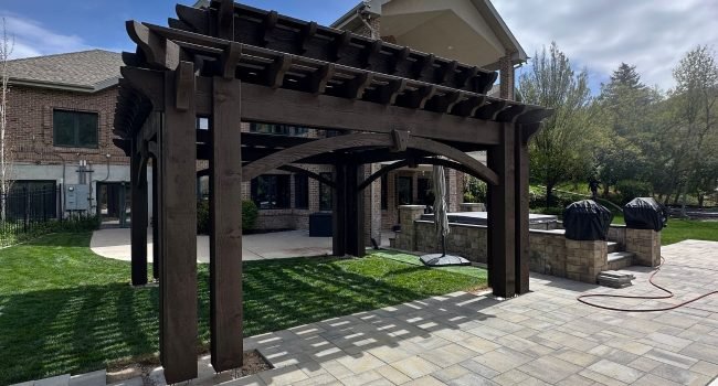 Wooden pergola construction for gardens.